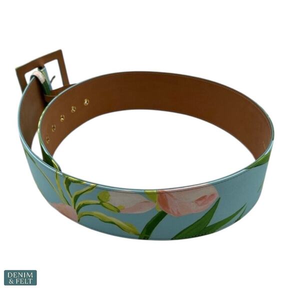 Carolina Herrera Floral Square-Buckle Icon Wide Belt Sky‎ Blue Leather L NEW main image 4